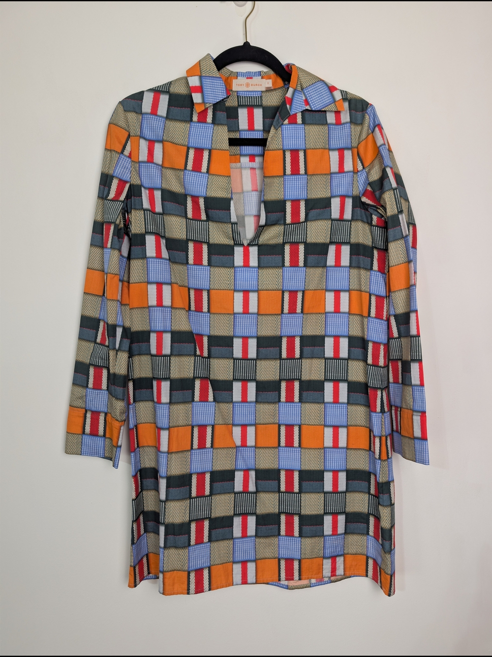 Tory Burch Geometric Block Print 100% Cotton Shirt Dress Size 2 Colorful Preppy